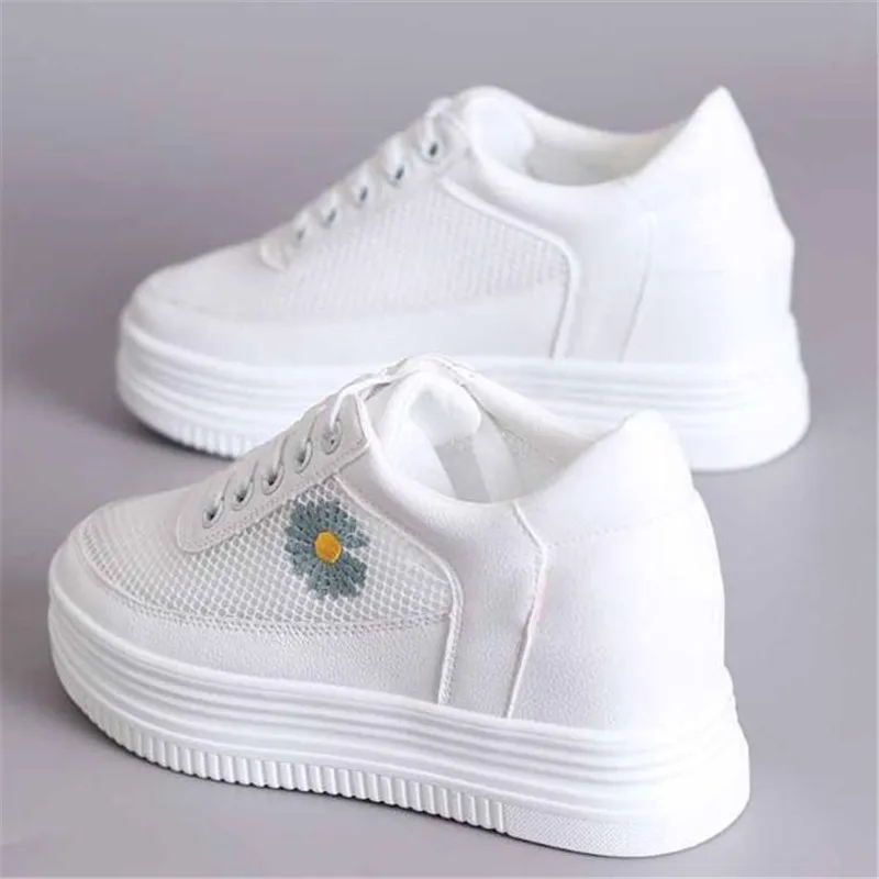 New Summer Breathable Sneakers Women Platform Mesh Shoes Wedges Heels Casual Shoes Woman 8 CM  White shoes