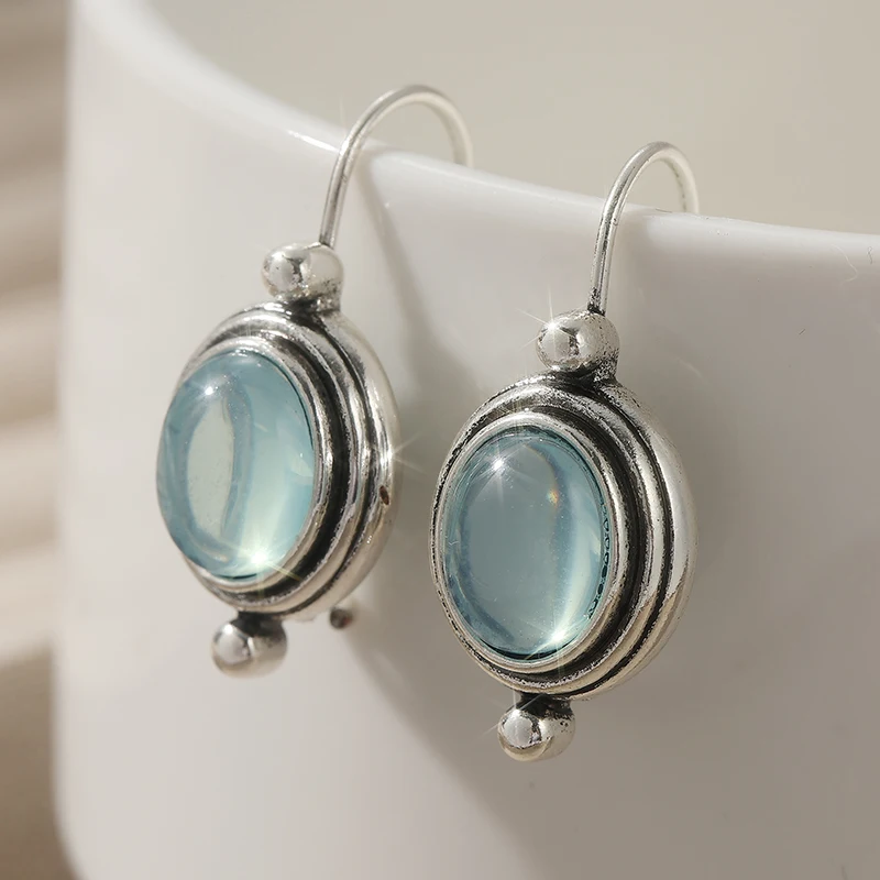 Vintage Silver Color Sea Blue Stone Dangle Earrings Woman Oval Party Daily Wear