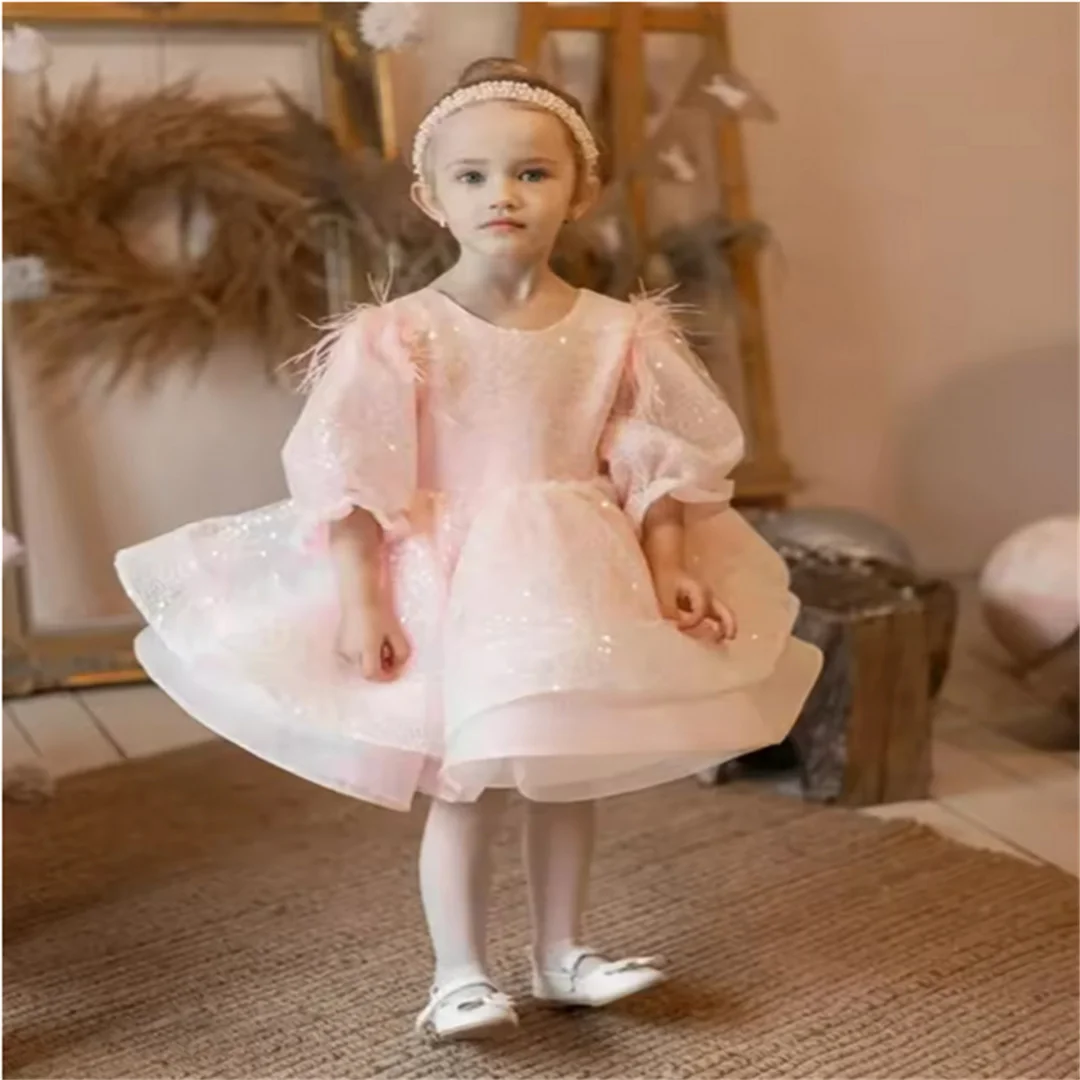 

Customized Flower Girl Dress Pink Layered Sparkle Tulle Skirt Half Sleeve Bow Wedding Flower Child's First Communion Birthday