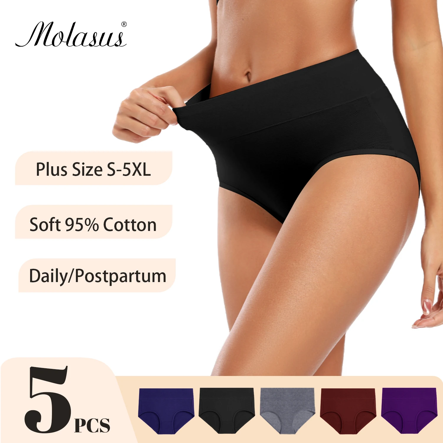 

Molasus 5pcs Women's Soft Cotton Underwear Briefs High Waisted Postpartum Panties Ladies Full Coverage Underpants Set 5X-Large