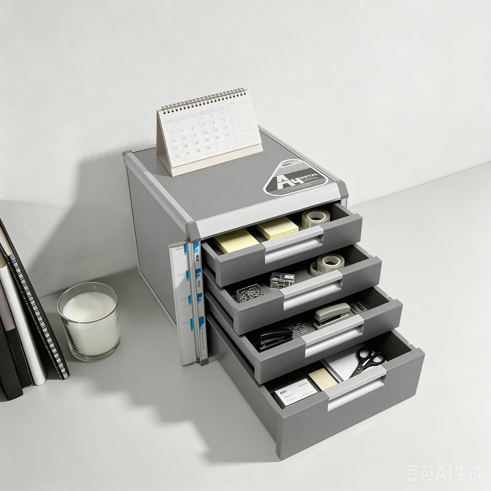 4-Tier Lockable File Cabinet, Desktop Document Organizer with 1 Large & 3 Small Drawers, Aluminum Alloy & MDF Storage Box for Office, Home