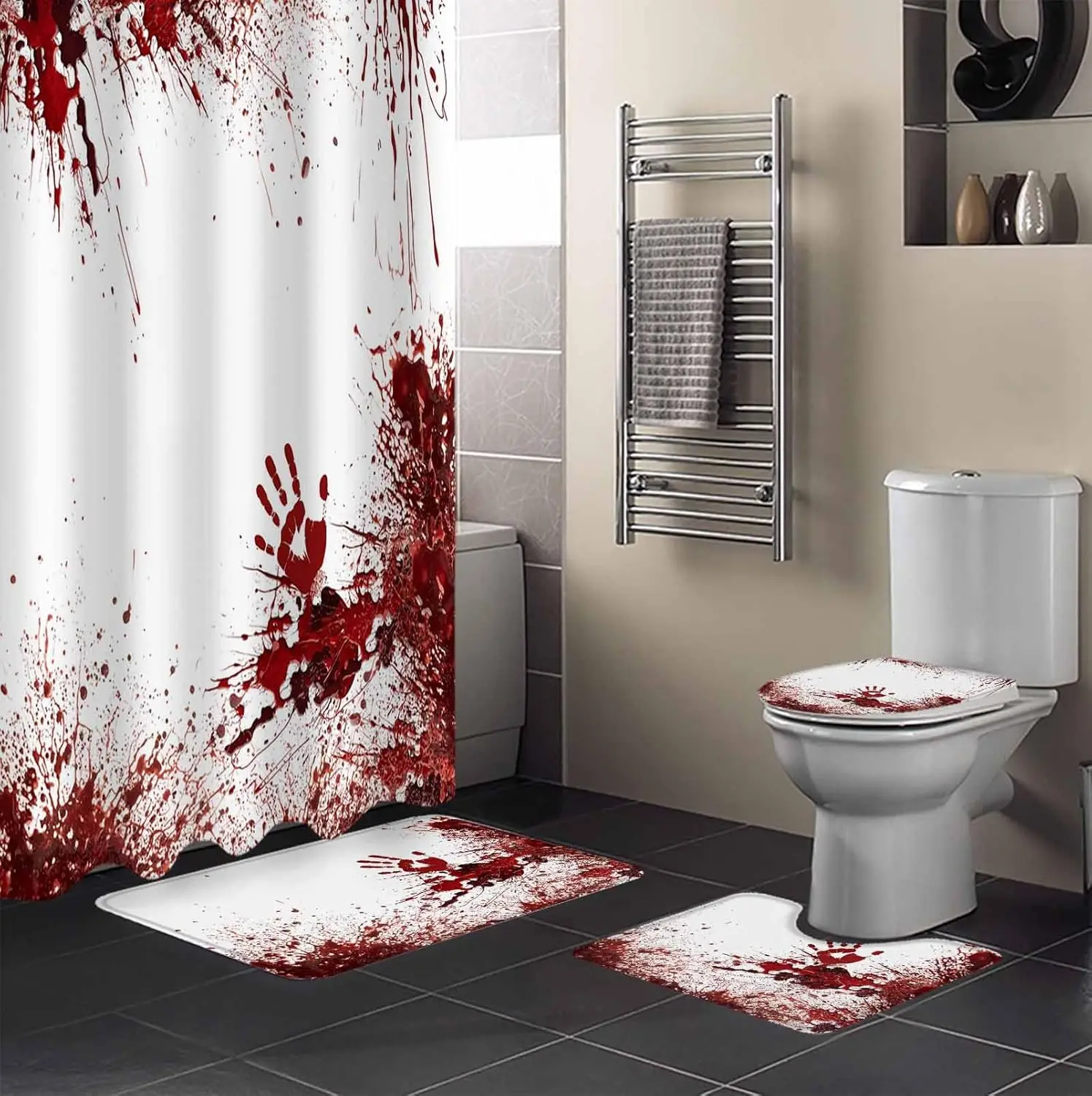

Набор занавесок для душа с ковриками для ванной комнаты, тема Хэллоуина, ужасный кровавый отпечаток пальца, набор ковриков для ванной комнаты с кровавым пятном, 4 шт.