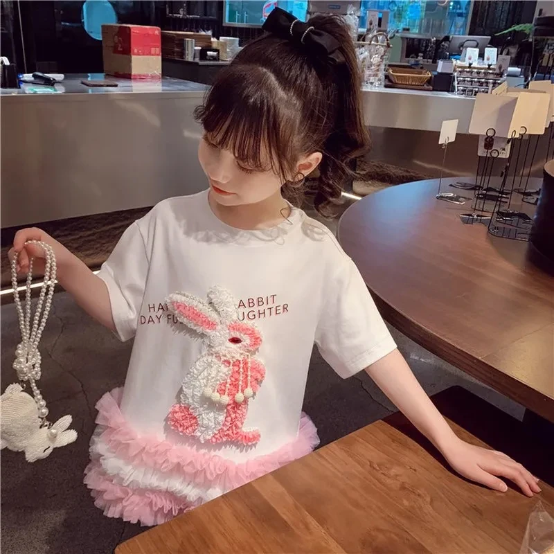 Toddler Kids Summer Short Sleeve Shirt Dresses for Girls Cute Rabbit Princess Dress Children Girl Outfits Clothing 3 4 5 6 7 8