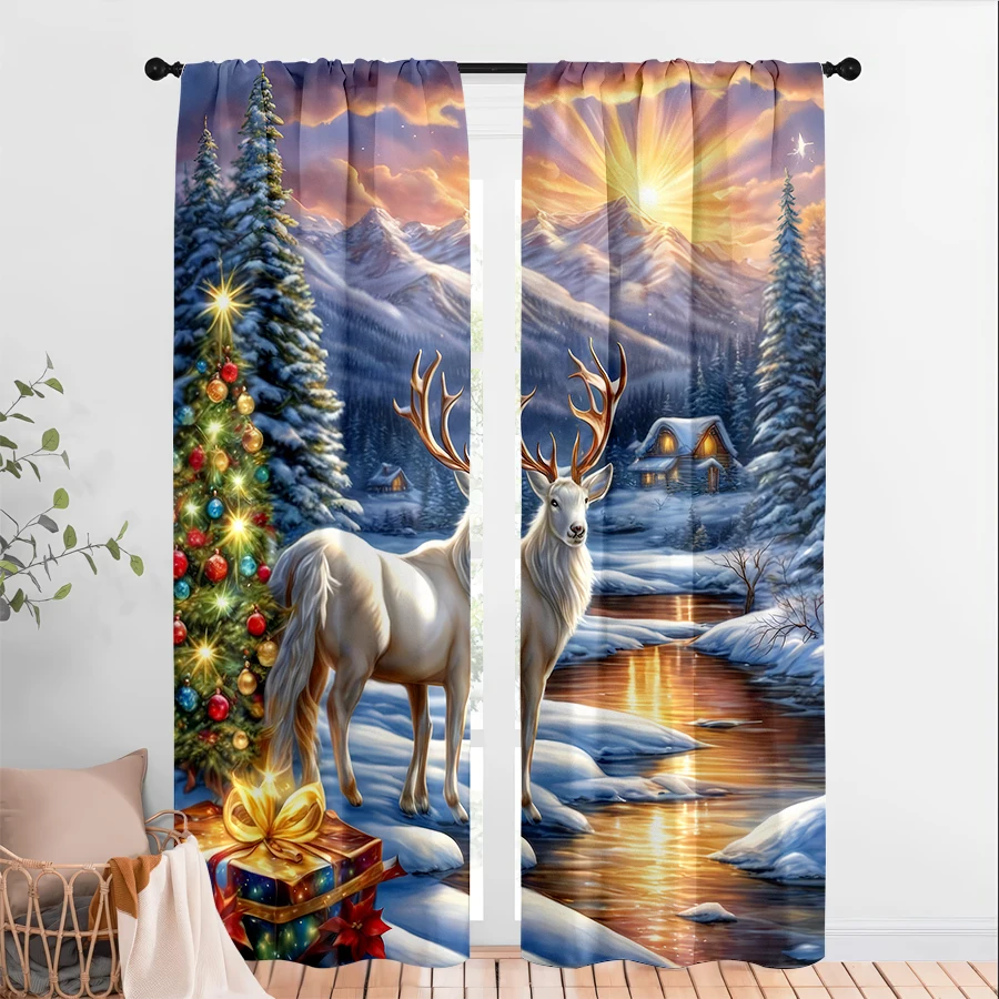2PCS Christmas Winter Curtains, White Deer Tree Snowy Cabin, Digital Print, Bedroom Living Room, Home Decor Window Drapes