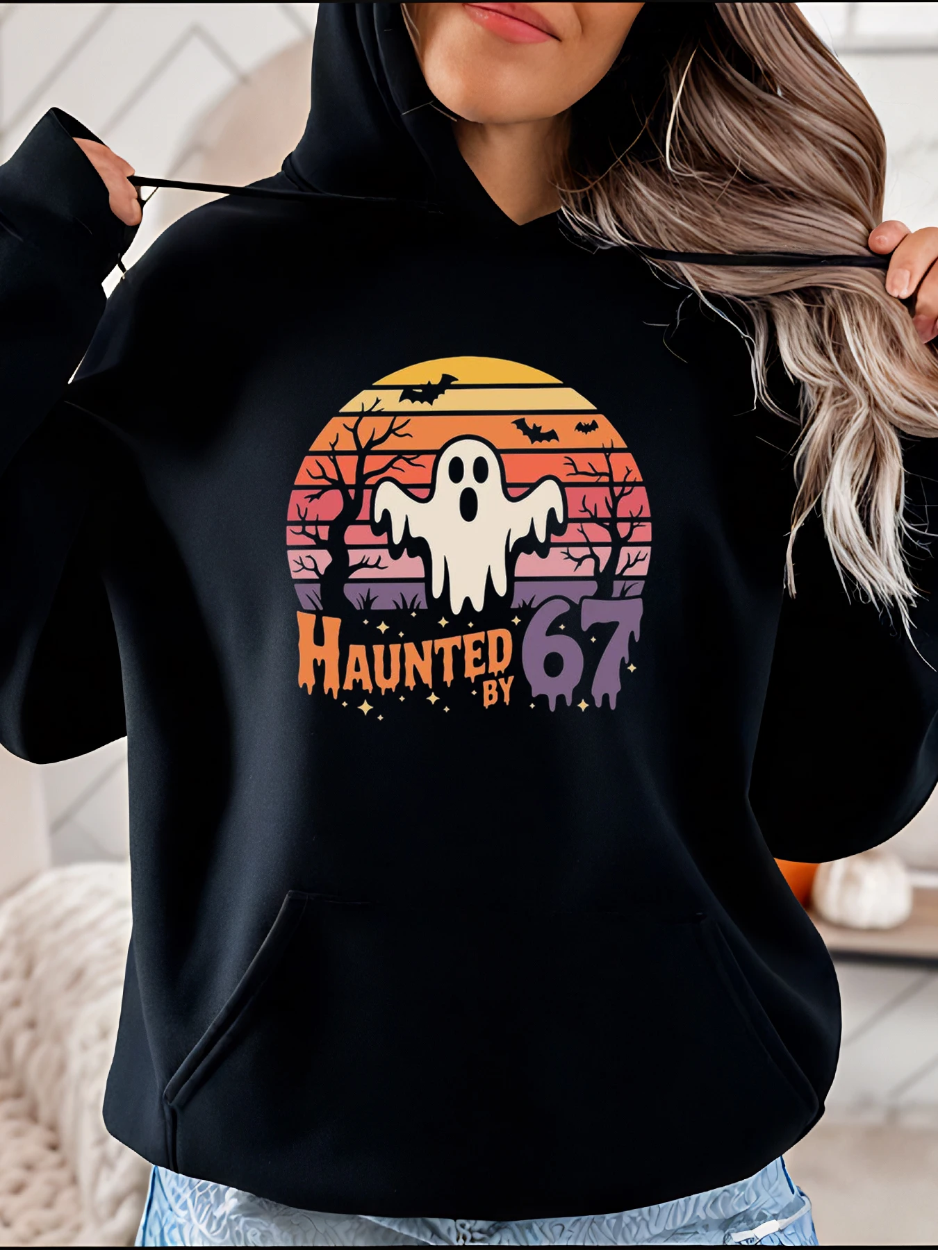 

Толстовка с капюшоном на Хэллоуин с привидениями 67 Ghost, винтажный женский повседневный свитшот с принтом заката, осенне-зимний наряд для девочек