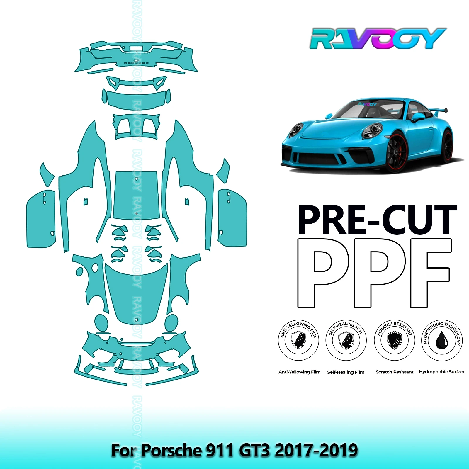 

For Porsche 911 GT3 2017-2019 8.5Mil Precut Clear Bra Full Vehicle PPF Paint Protection Film