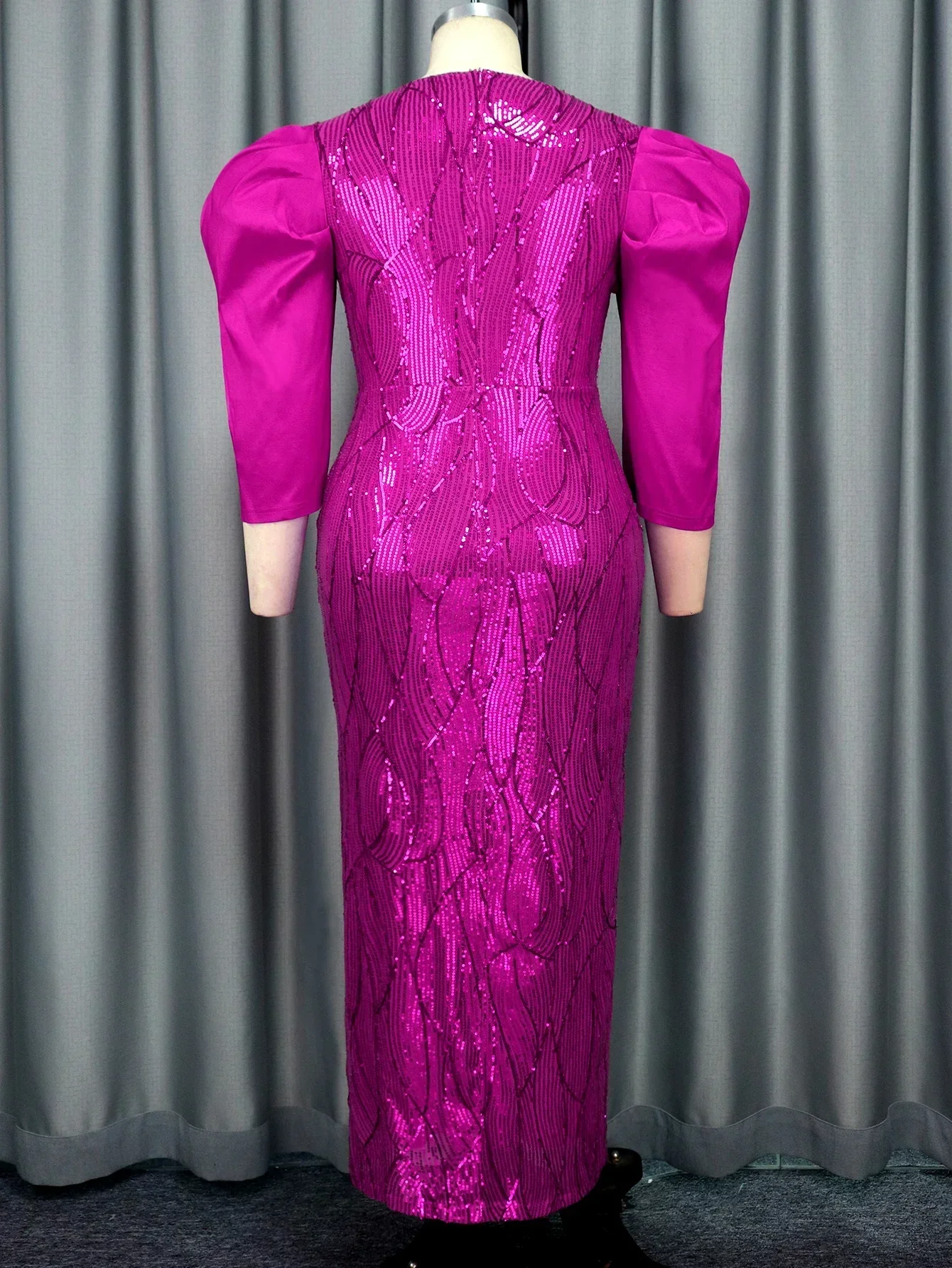 Fuchsia Glitter Women Formal Evening Party Dress O Neck Mesh Patchwork Long Puff Sleeve Clssy Sheath Wedding Gowns New Plus Size