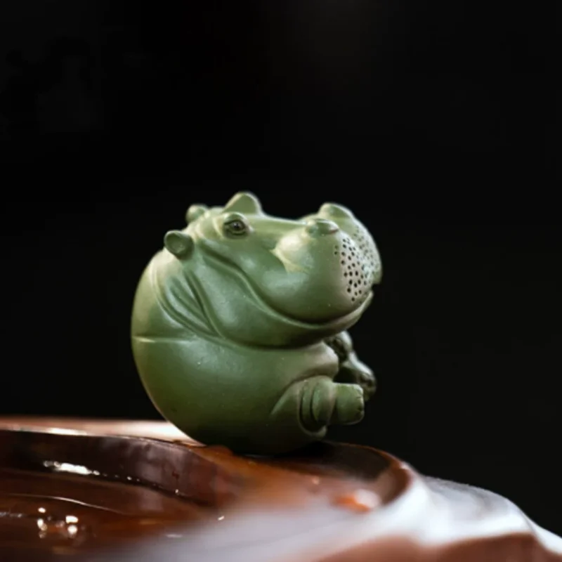Chinese Yixing Purple sand Green Clay Tea Pet - Hippo Hippopotamus Sculpture, Exquisite Kungfu Tea Table Accessory