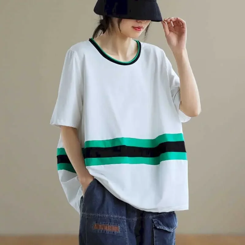 

Футболка большого размера, женская модная дизайнерская лоскутная футболка, повседневный литературный топ с короткими рукавами, свободная футболка в корейском стиле, летний тренд
