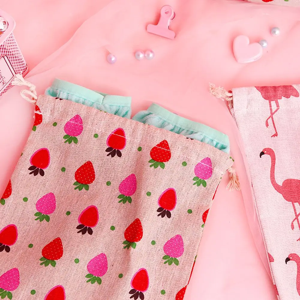 Flamingo Strawberry Cotton Storage Package Bag Drawstring Bag Small Coin Purse Travel Women Small Cloth Bag Christmas Gift Pouch