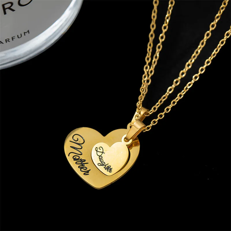 2pcs/Set Mother Daughter Heart Necklace Stainless Steel Splicing Engraved Letter Love Necklaces for Women Girls Mom Jewelry Gift