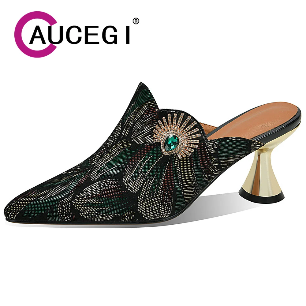 

Aucegi New Designer Strange Goblet Heels Women Sexy Pointed Toe Slingback Mules Embroider Rhinestone Elegant Dress Shoes