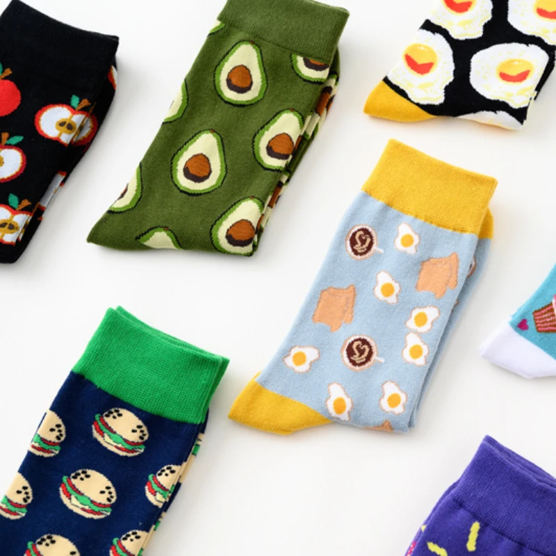 8 Pairs/Pack Funny Happy Socks Women Cotton Eggs Food Hamburger Apple Kawaii Harajuku Trendy Skateboard Socks