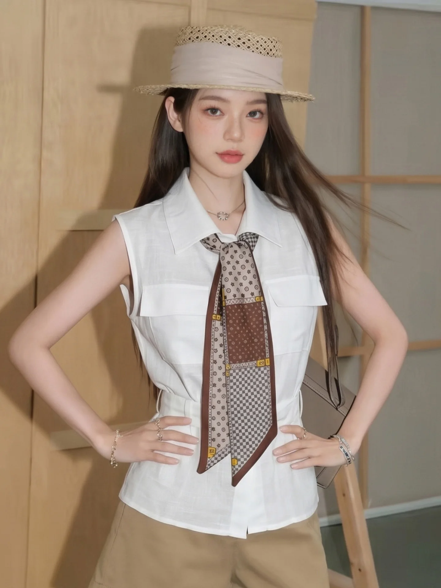 

Street Style Fashionable Pocket Flip Collar Sleeveless Vest Women's Summer Waist Cinching Slimming Short Top