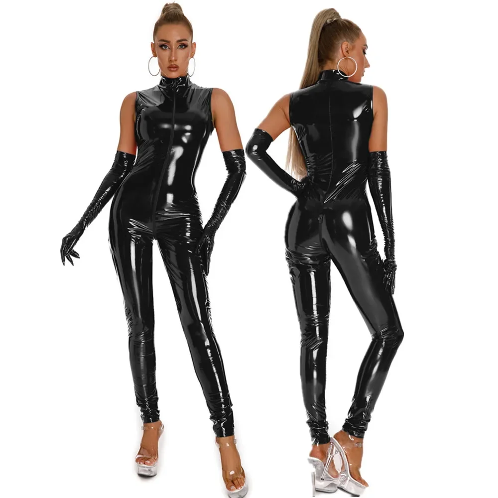 

Sexy Hot Faux Leather Jumpsuits Stretch PVC Latex Bodysuit Front Zipper Open Crotch Catsuit Bodystocking Erotic Costumes
