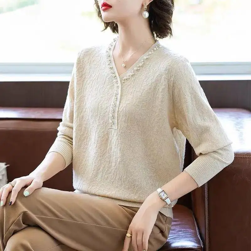 Slimming Color V-Neck Long Sleeve Knitted Sweater Base Layer Shirt Belly Covering Top for Women Fashionable Versatile