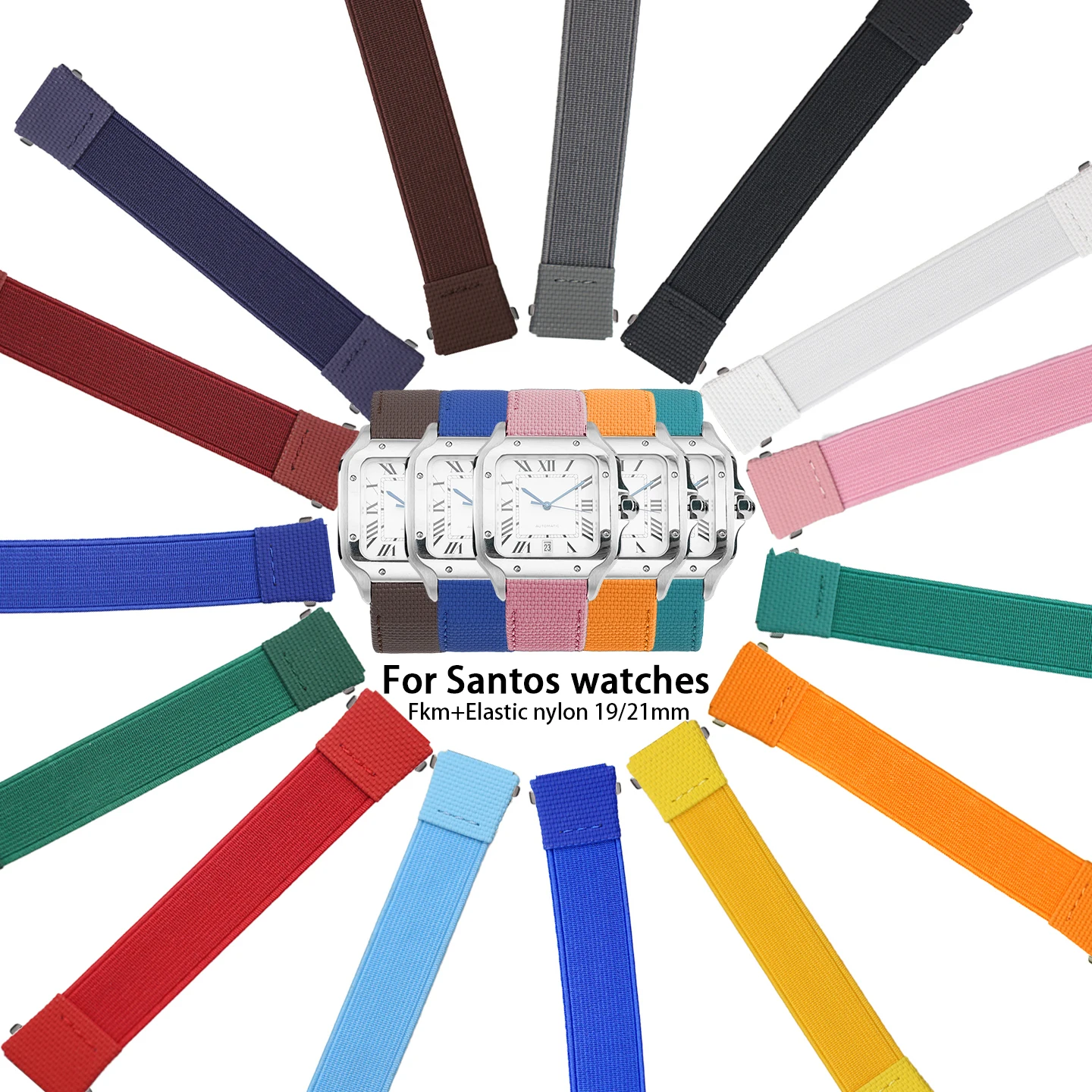 

24 Colors FKM Elastic Nylon Watch Strap Handmade Custom Band 19mm 21mm Replacement Wristband For Cartier Santos M/L Series
