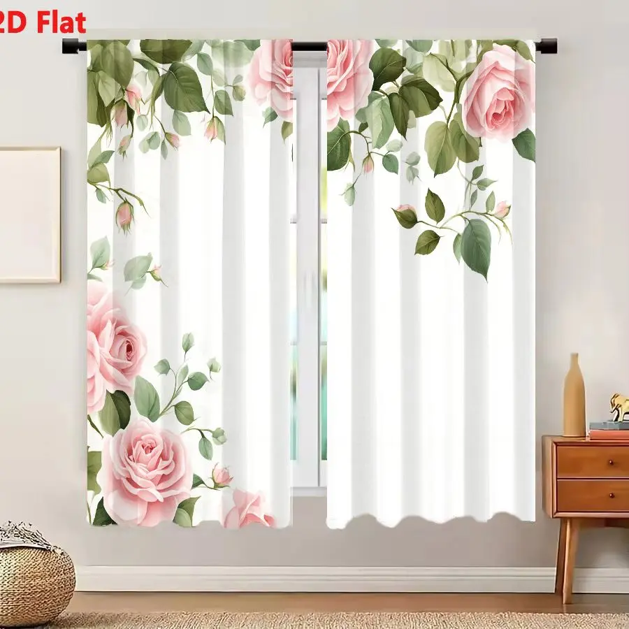 2Pcs Curtains 2D Flat Delicate Pink Roses And Green Leaves Floral Arrangement On White Background Digital Illustration Window Dr