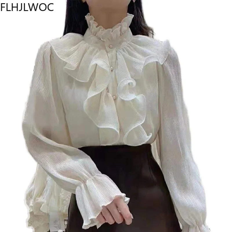 2022 Spring Autumn Basic Shirts Blouses Women Fashion Long Sleeve Elegant Office Lady Work Solid White Ruffled Chic Tops Blusas