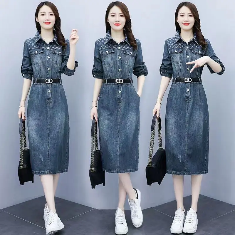 Denim Damen kleid 2024 Frühling neues personal isiertes Design Temperament Taille reduzieren Alter Hemd Langarm kleid