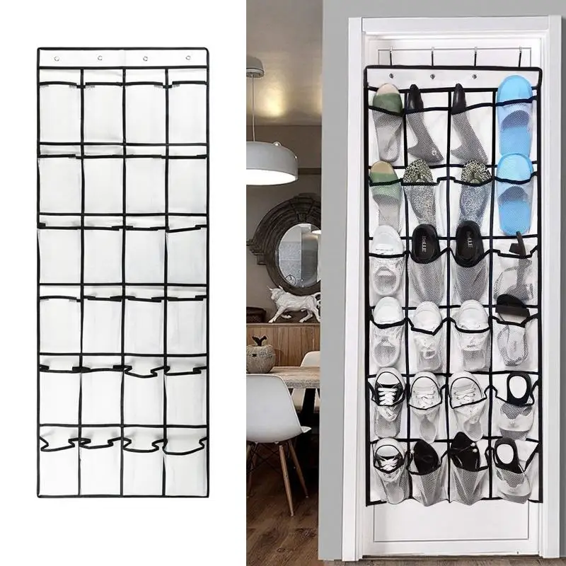 24 Pockets Wall Storage Bag Clear View Pocket Hanging Shoe Organiser Rack Behind Doors with 4 Metal Hooks Shoes Rack Storage Bag