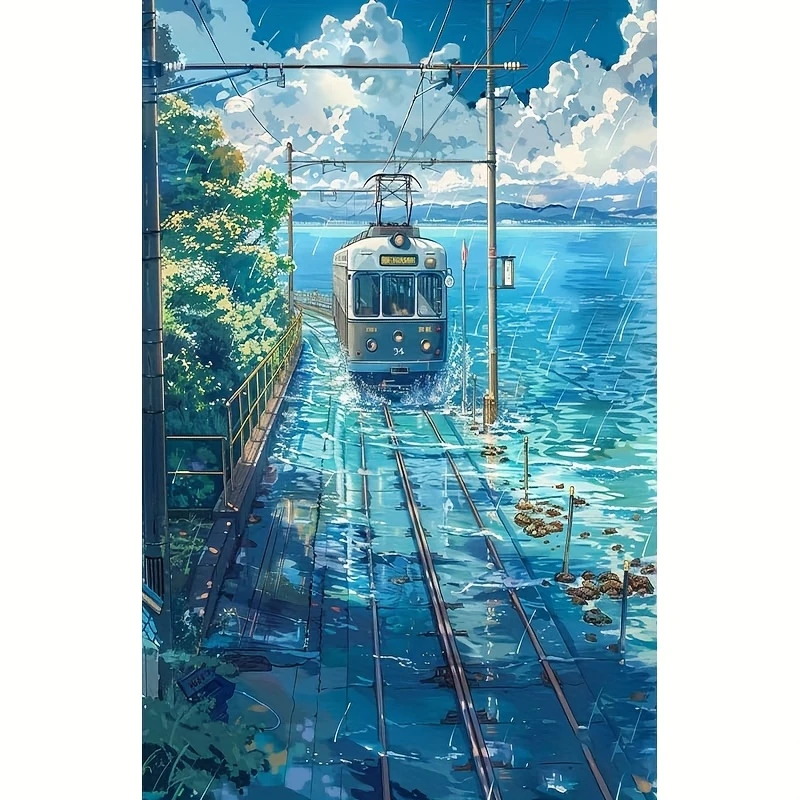 Rainy Days Trains Scenery 500/1000/1200/2000 PCS Jigsaw Puzzles Family Activity Games for Gameroom Bedroom Gifts