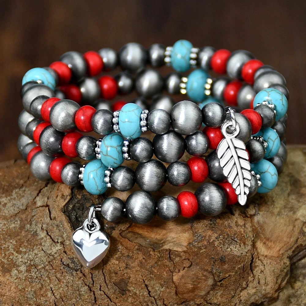 Triple Layer Beaded Bracelet Western Style Vintage Women Navajo Pearl Red Blue Turquoise Adjustable Bangle