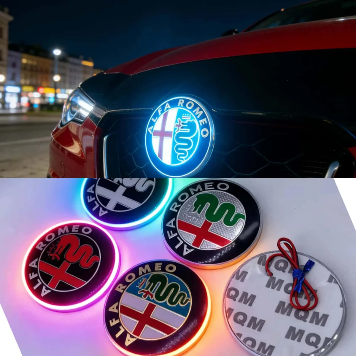Luz de emblema LED de 74mm 75mm para Alfa Romeo, adesivo de logotipo para porta-malas dianteiro e traseiro, 1 unidade, nas cores vermelho, dourado, preto, branco e verde.