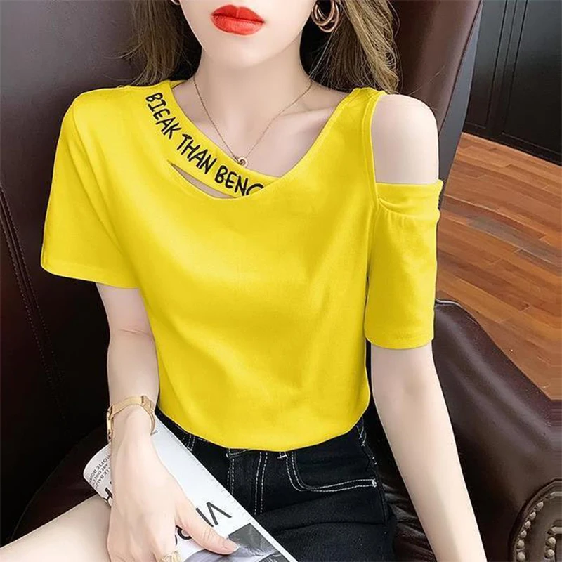 Summer Trend Fashion Letter Printing Hollow Out Diagonal Collar T-shirt Female Short Sleeve Slim Casual Off the Shoulder Tee Top