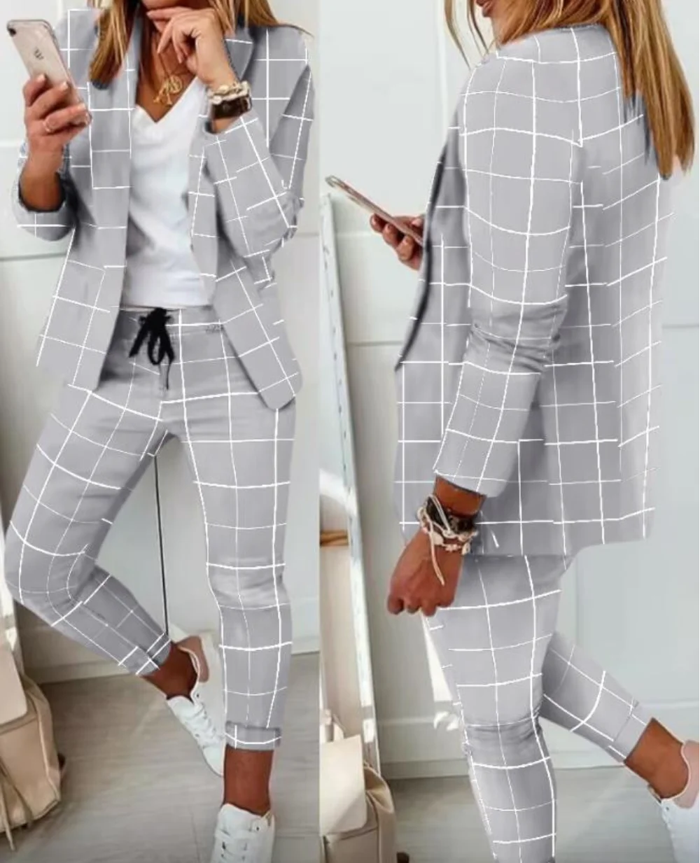 Two Piece Set Women Outfit Office Ladies 2023 Autumn Plaid Print Long Sleeve Elegant Blazer Coats & Drawstring Work Pants Set