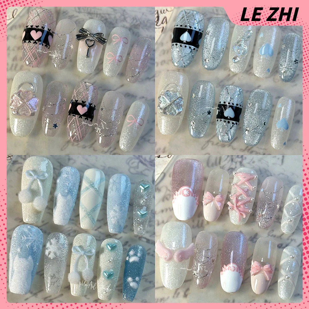 

Sweet Lovely Handmade Long Coffin Ellipse Nail Party Sticker Cat Eyes Four-Leaf Clover Bowknot Wings Pearl Diamond Press On Nail