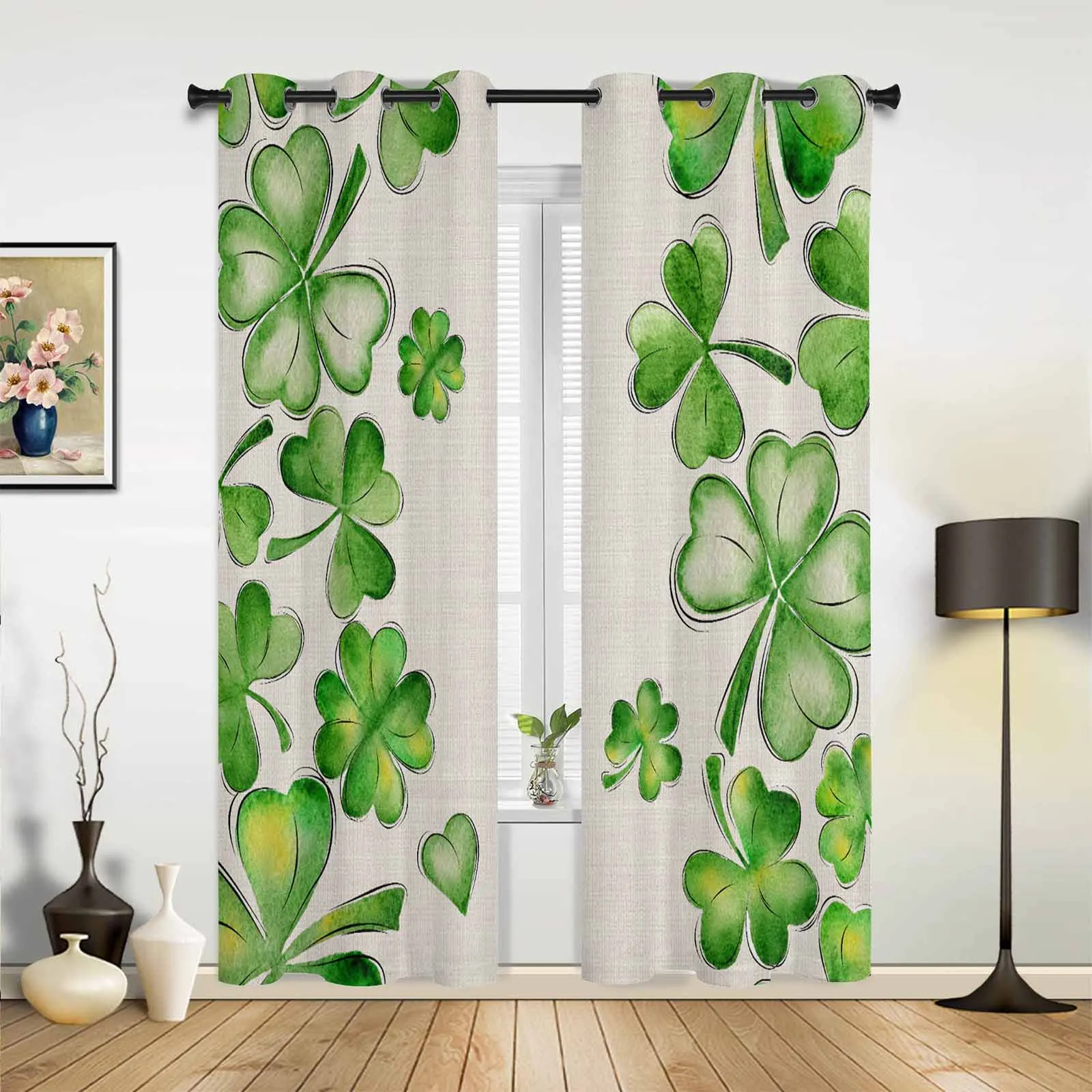 St. Patrick'S Day Clover Watercolor Grommet Curtains for Bedroom Living Room Home Decor Window Treatments Drapes