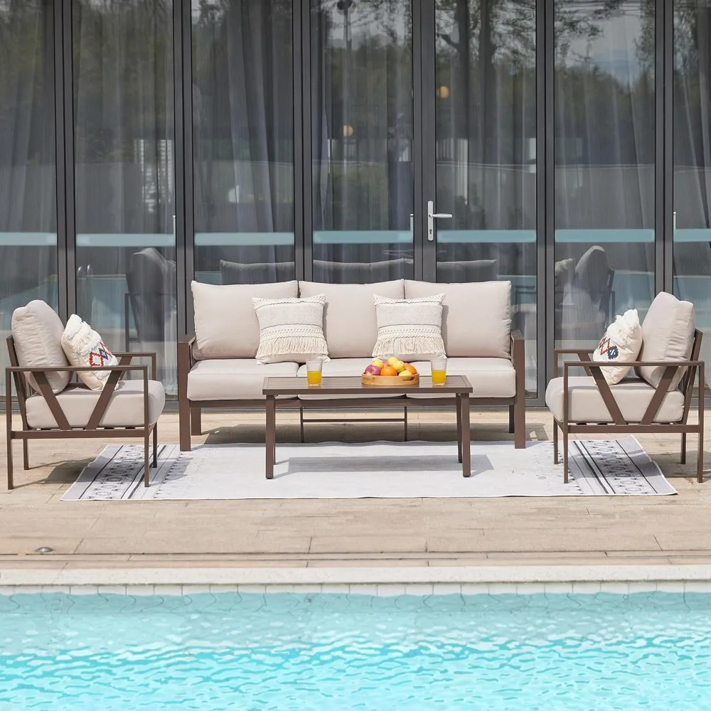 

Outdoor Patio Furniture Set, 4 Pieces Metal Patio Furniture Set with Coffee Table, Modern Outdoor Patio Conversation Seating Set