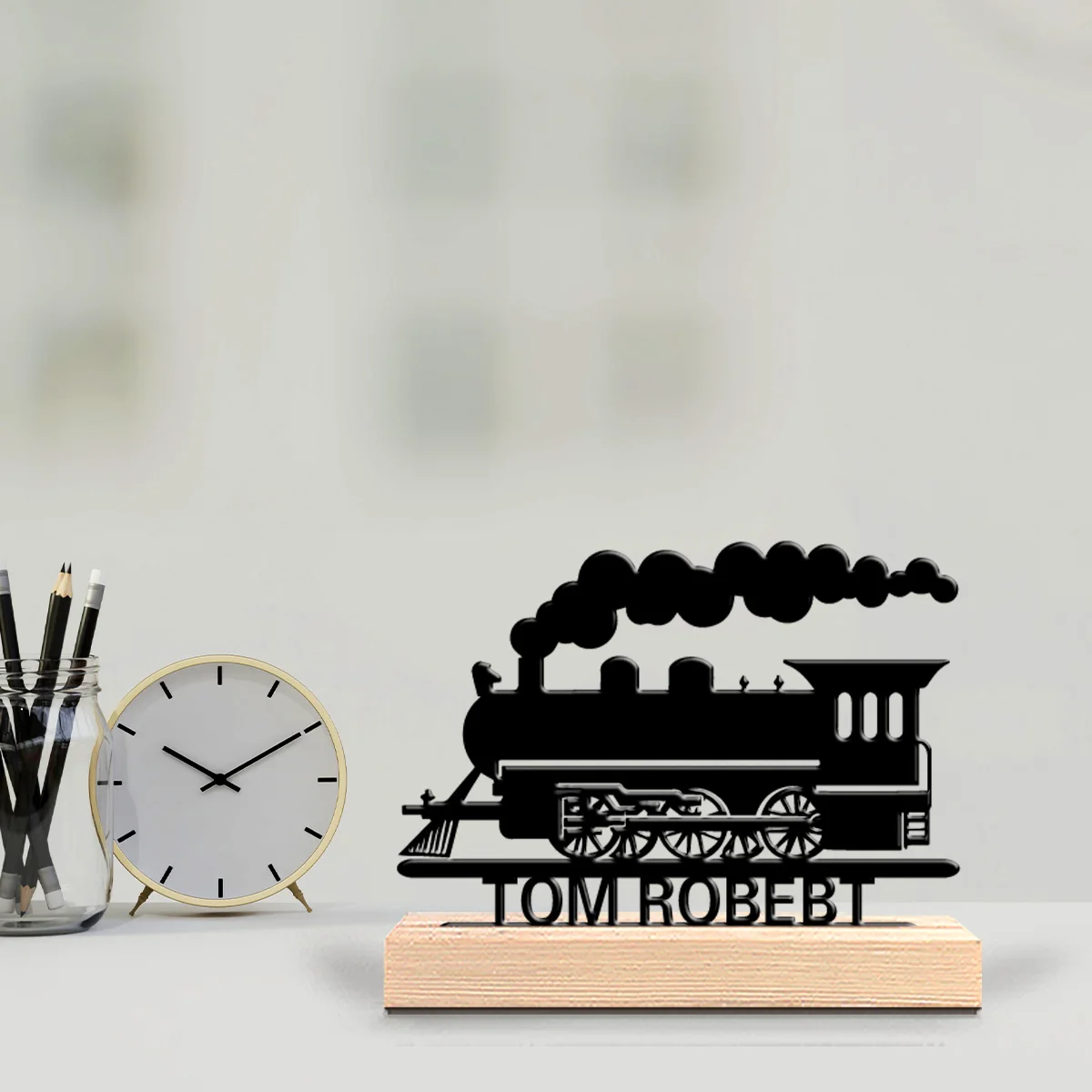 1pc Fashion Personalized Custom Retro Steam Train Metal Statues Metal Art With Wooden Base Bedroom, Desktop Decoration, Vintage