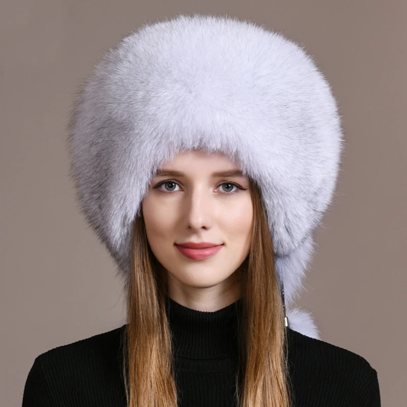 Winter Warm Women Russian Raccoon Royal Fur Caps Fox fur Hat Dome Mongolian Hat Fur Hat Luxury Lady Natural Fox Fur Bomber Hat