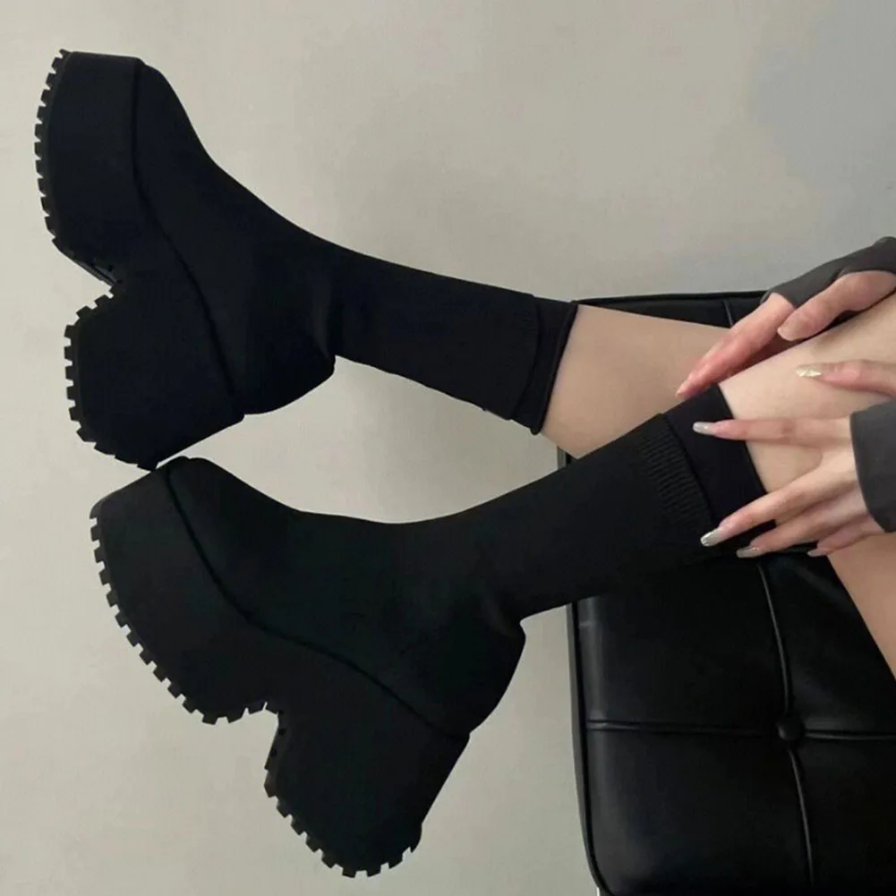 KarinLuna Thick High Heeled Women Stretch Boots 2023 Hot Fashion Knit Stretch Mid Calf Boots Slip On Simply Stylish High Boots