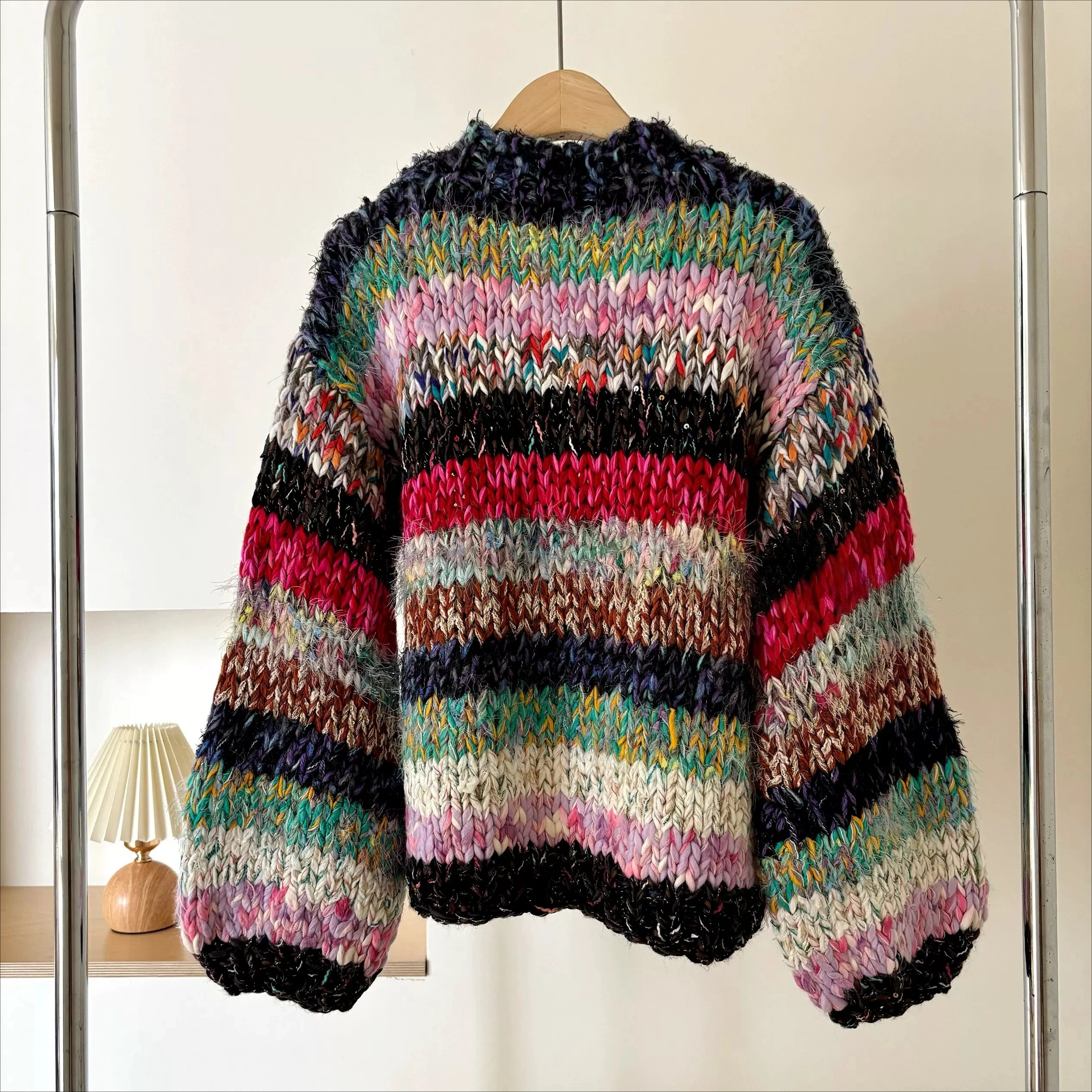 Handmade Cropped Chunky Knit Multicolor Striped Cardigan Artisan Hand-Knit Colorful Sweater Slow Fashion