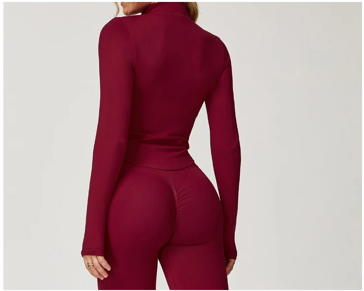 VITALINOVO Damen Cropped Running Workout Jacken mit Reißverschluss, schmal geschnittene Sportjacken mit Daumenlöchern, nahtlose, dehnbare Trainingsjacken – Detail 16