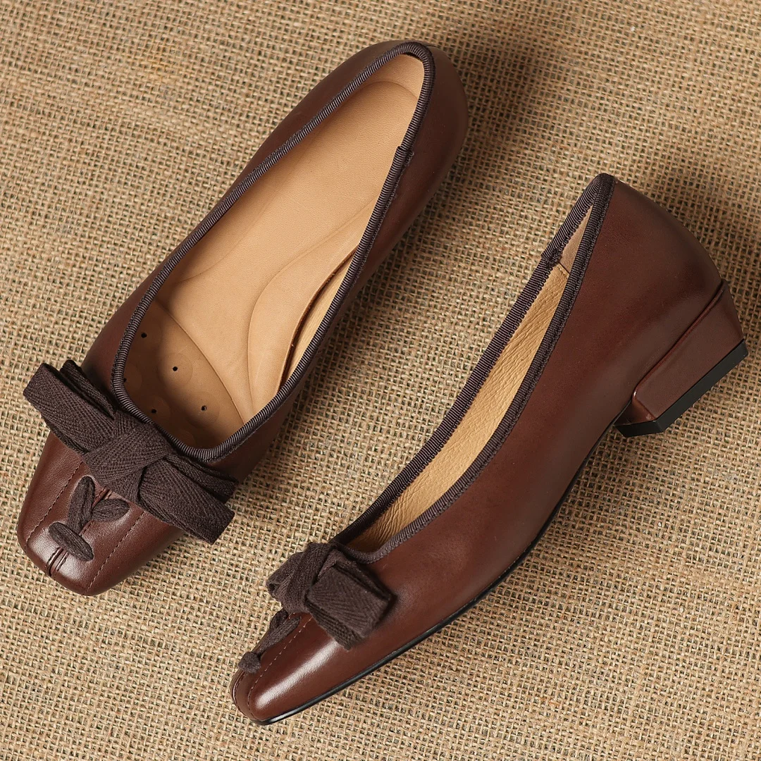 2026 spring new women's cow leather square toe sweet bowtie slip-on flats 2.5m thick low heel elegant ladies slim daily shoes