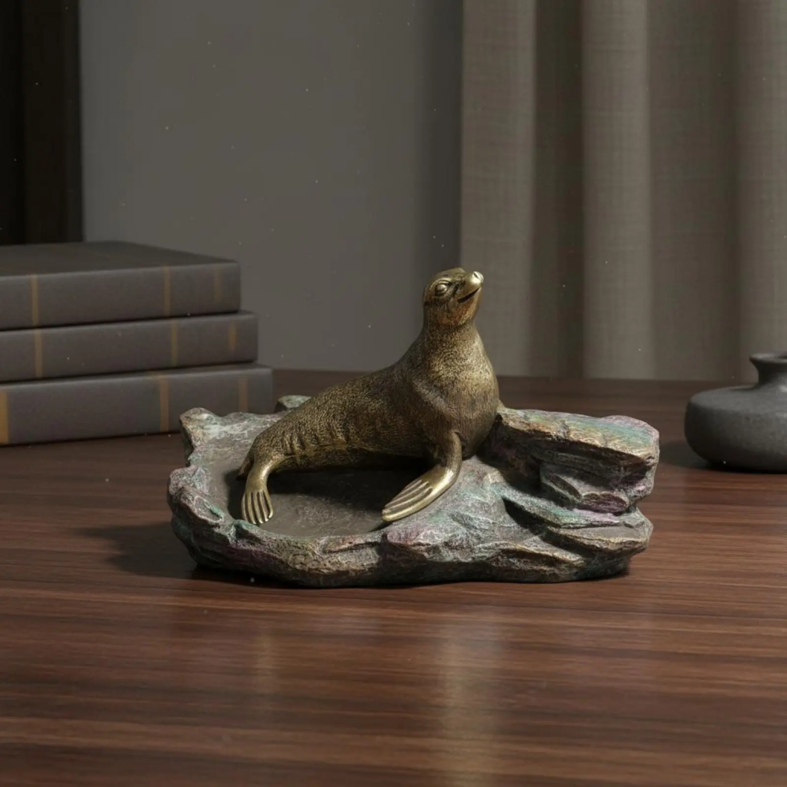 Brass Sea Lion Statue Collectible Antique Sea Lion Statue Home Decor Giftable Exquisite Workmanship for Shelf, Cabinet