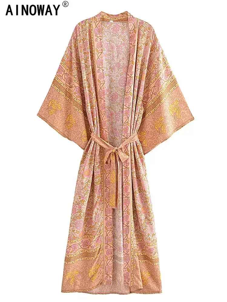 Vintage Chic Women Pink Floral Print Bohemian Kimono Beach Robe Lady Batwing Sleeves Rayon Boho Maxi Robe Bikini Cover-ups