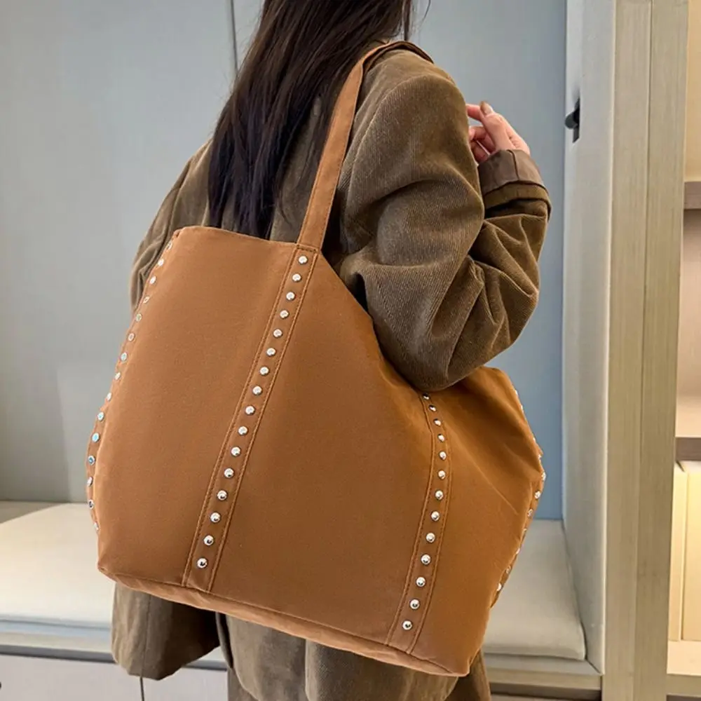 Korean Style Suede Rivet Tote Bag Solid Color PU Leather Suede Leather Shoulder Bag Brown Stud Decorative Underarm Bag Women