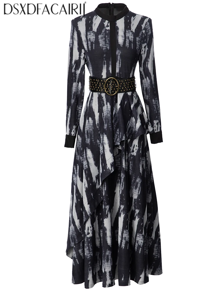 DSXDFACAIRIJ Women's Stand Collar Long Sleeves Sashes Ruffles High Street Abstract Print Long Dresses Fashion Autumn Females