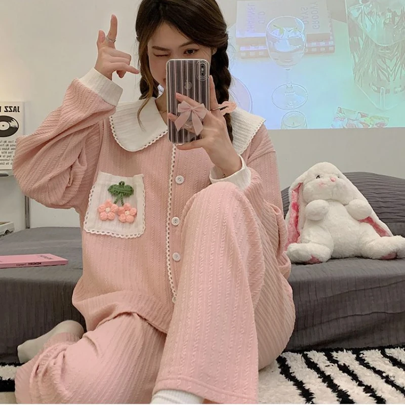 Ropa de dormir de algodón para mujer, Conjunto de pijama de manga larga, cárdigan Kawaii, ropa de dormir coreana, pantalones para el hogar, primavera y otoño