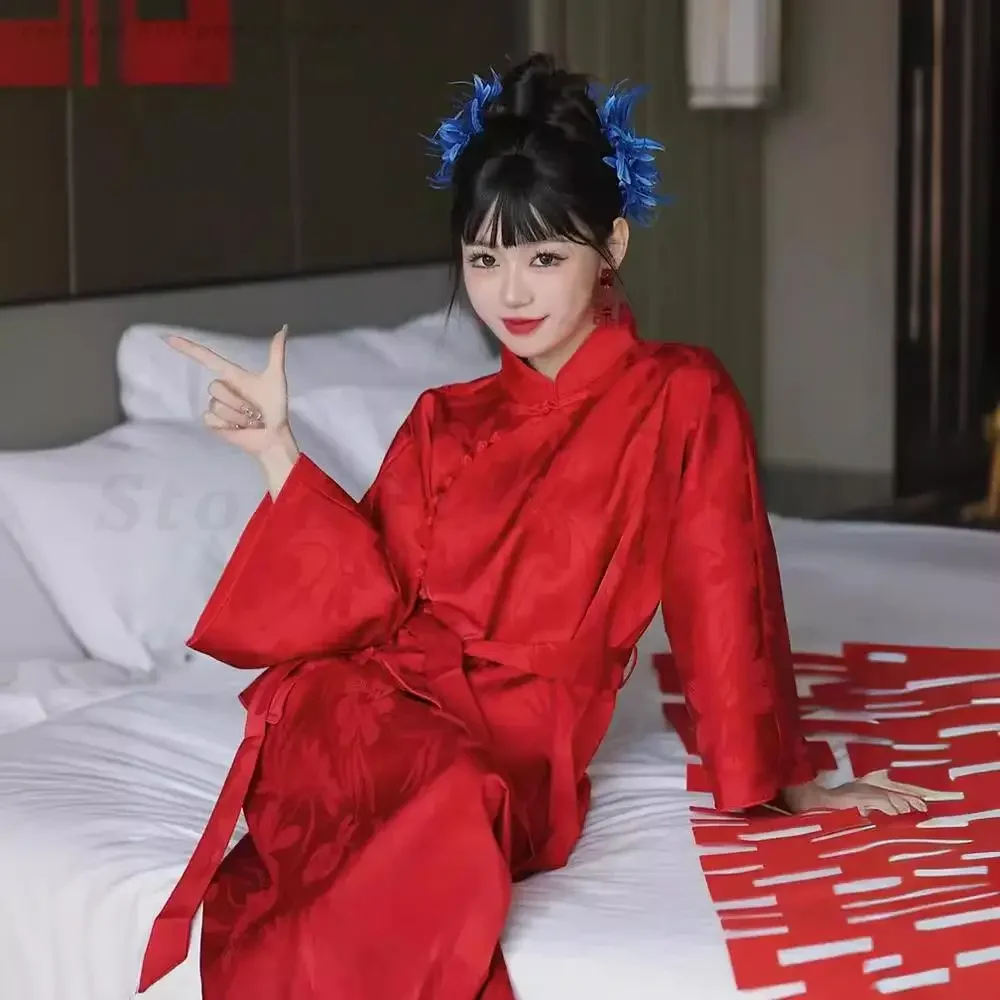 

Elegant Temperament Cheongsam Set New Chinese Style Wedding Party Gown Burgundy Bridal Tang Suit Vintage Improved Jacquard Qipao