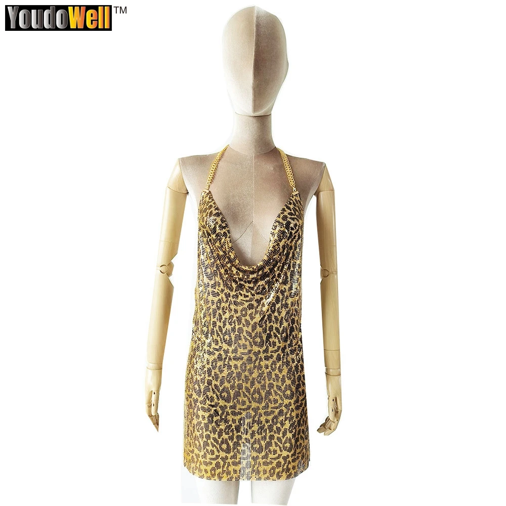 Metal Sequin Nightclub Sexy Leopard Print Miniskirt, Backless V-Neck Halter Neck Dress, Bar Carnival, Event, 2023