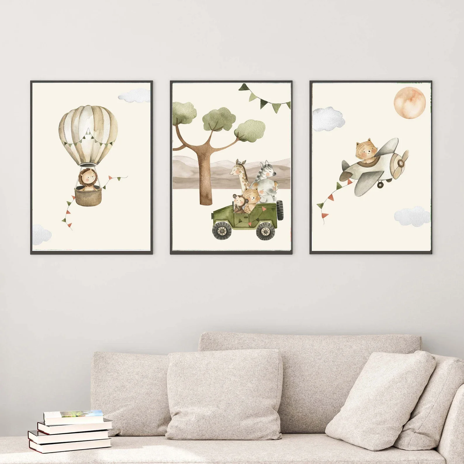 3pcs frameless Canvas Painting 3PCS Children's Room Wall Art Safari Adventure Hot Air Balloon Airplane Car Print  Animal Poster