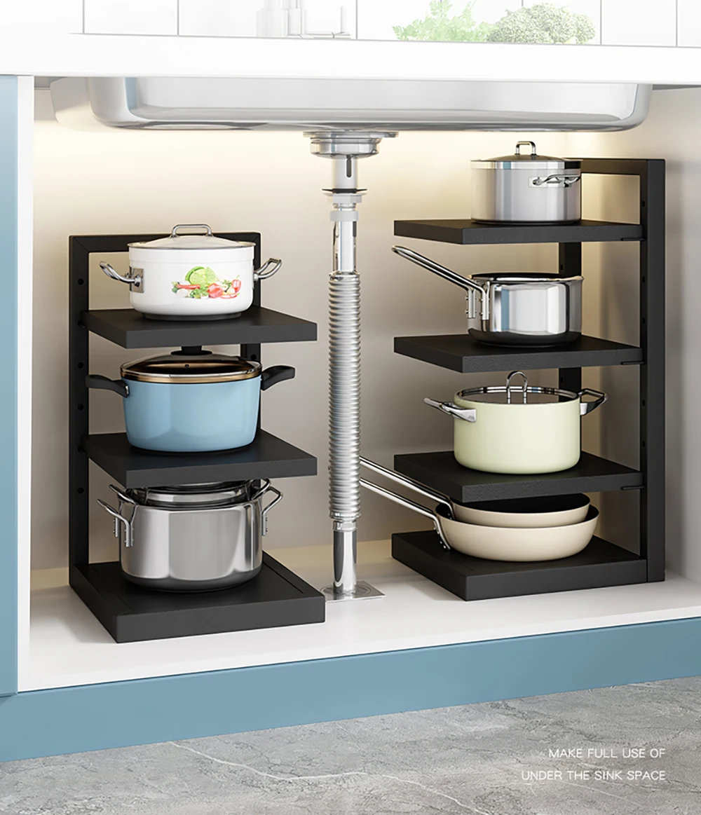 

Регулируемый органайзер для кастрюль, компактный кухонный органайзер для хранения кастрюль и посуды, подходит для углов раковины и шкафа, кухонные органайзеры
