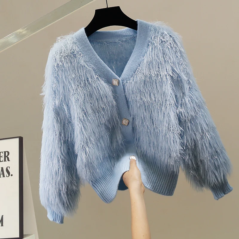 

Korean Sle Knitted Sweater iny Tead Tassel Decoration Heavy Weave Long Sve Faionable Versatile Autumn Warmth V-Ne