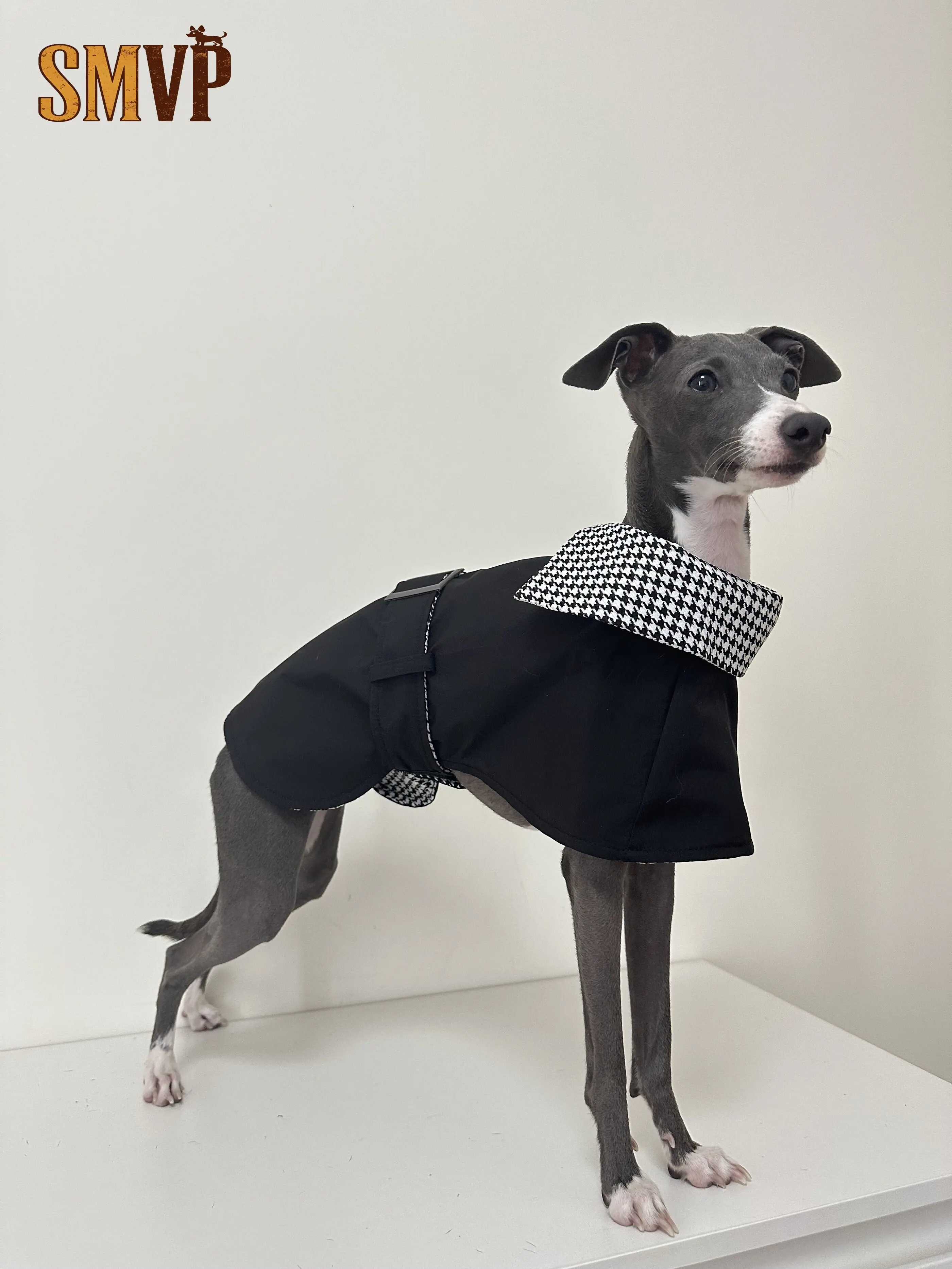 

Black and White Checkered Pattern Lapel Contrast Color Windbreaker Jacket Cloak Rainproof Pet Dog Jacket Designer Dog Clothes